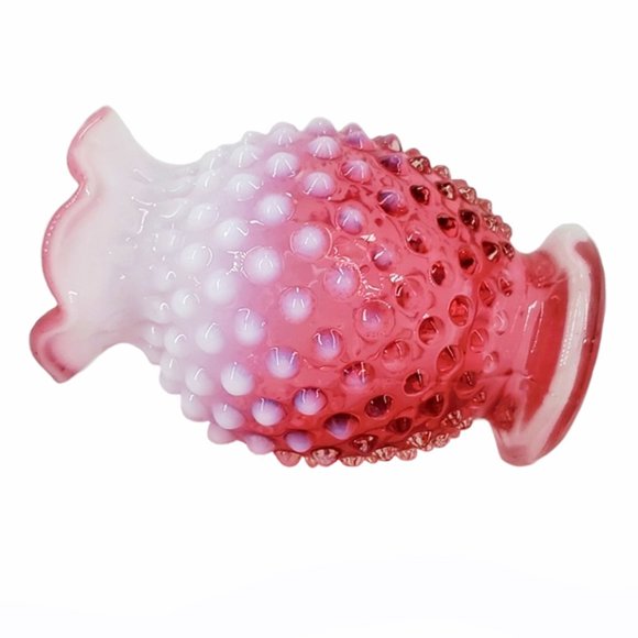 Fenton Hobnail Mini Vase Cranberry to White & Pink Opalescent Ruffled Top VTG - Picture 5 of 5